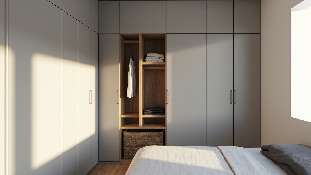 Illustrative concept design: matte grey wardrobes on two walls with an open oak shelf bay and a woven basket beside the bed