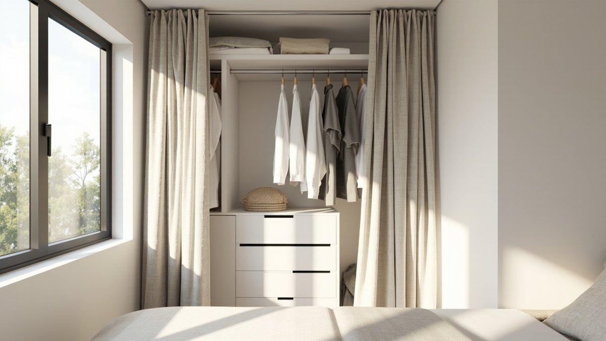 Illustrative concept design: open wardrobe recess with white shelves, drawers and a hanging rail framed by linen curtains