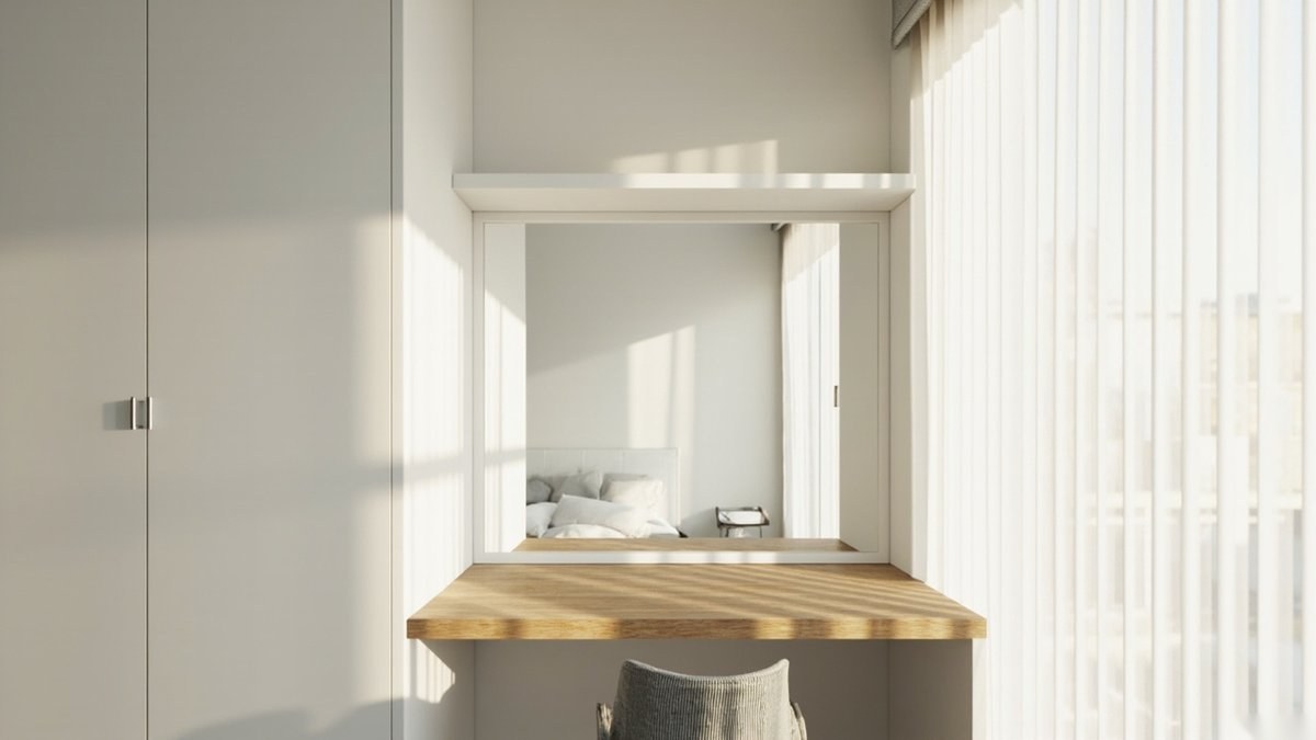 Illustrative concept design: oak desk top and shelf in a recess at the end of a white wardrobe run with a mirror panel and grey chair