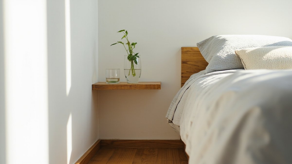 Illustrative concept design: slim oak floating shelf beside the bed holding a glass and a plant cutting, floor left clear