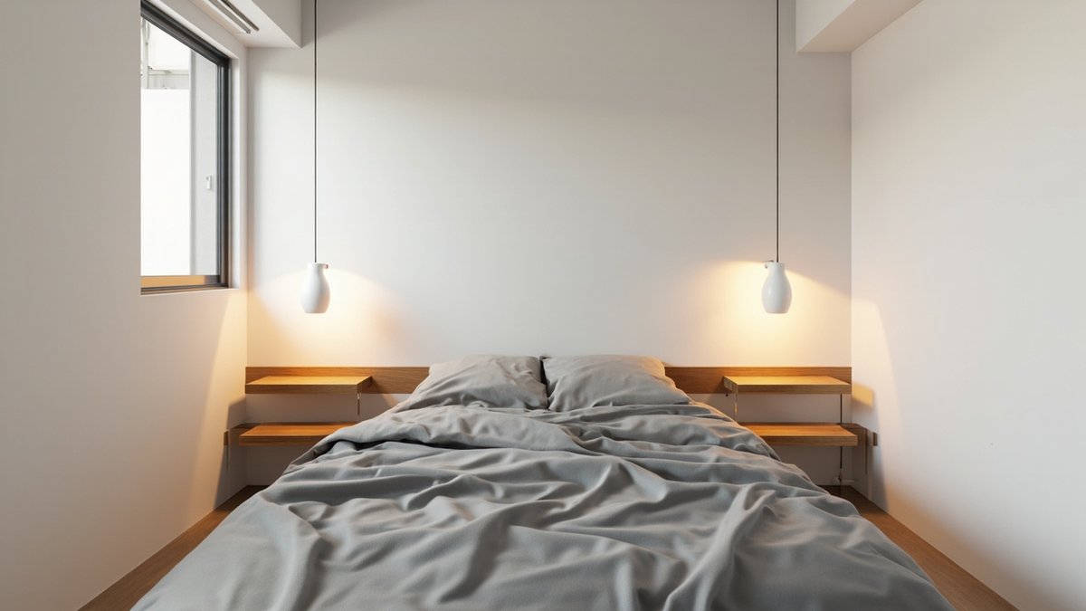 Illustrative concept design: two white ceramic pendants hanging low either side of the bed above slim oak wall shelves