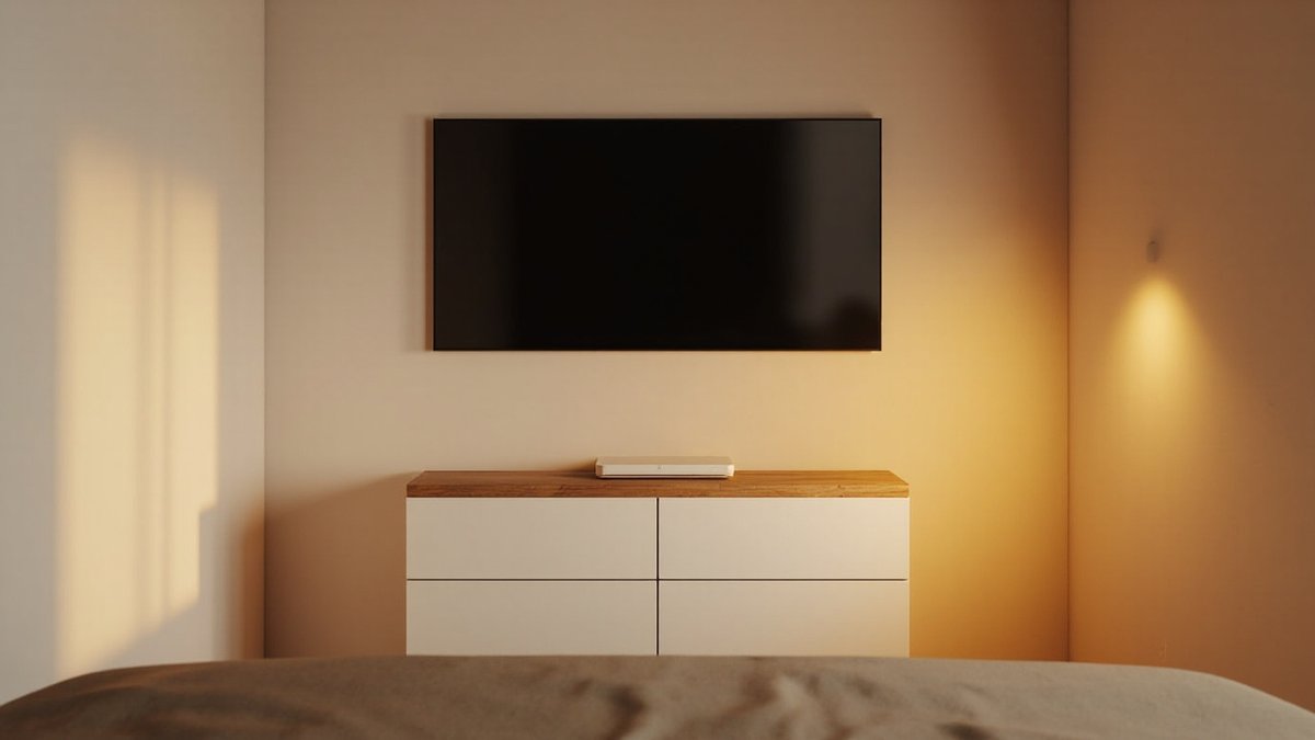 Illustrative concept design: white drawer chest with an oak top at the foot of the bed and a black TV on the clean wall above