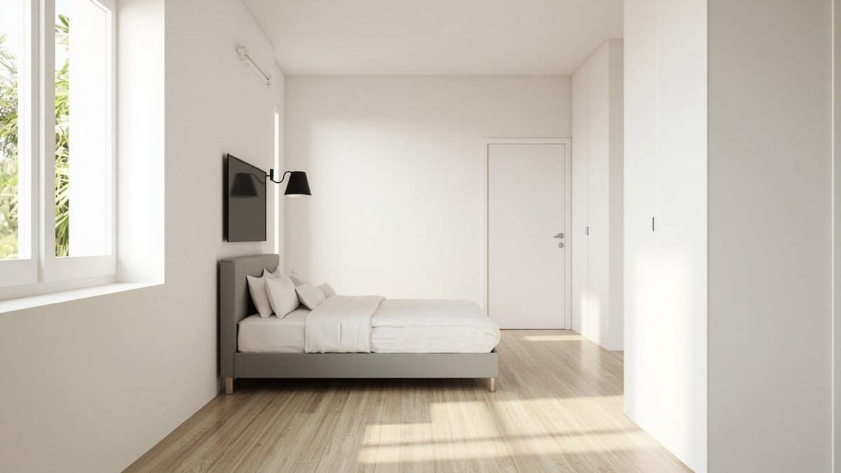 Illustrative concept design: grey upholstered queen bed against the side wall with a black swing lamp and a clear walkway to the door