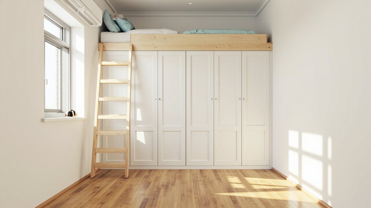 Illustrative concept design: raised plywood sleeping platform over white wardrobe doors with a timber ladder in a small bedroom