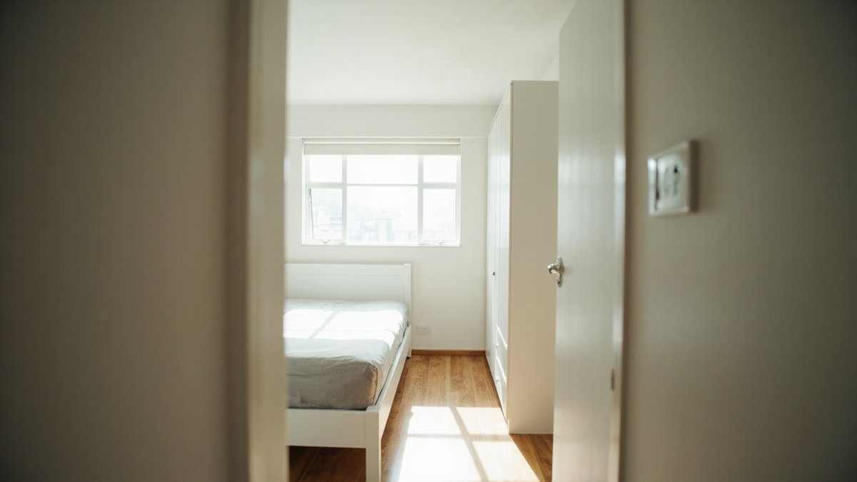 Illustrative concept design: small bedroom with a white single bed against the side wall under the window and a slim white wardrobe