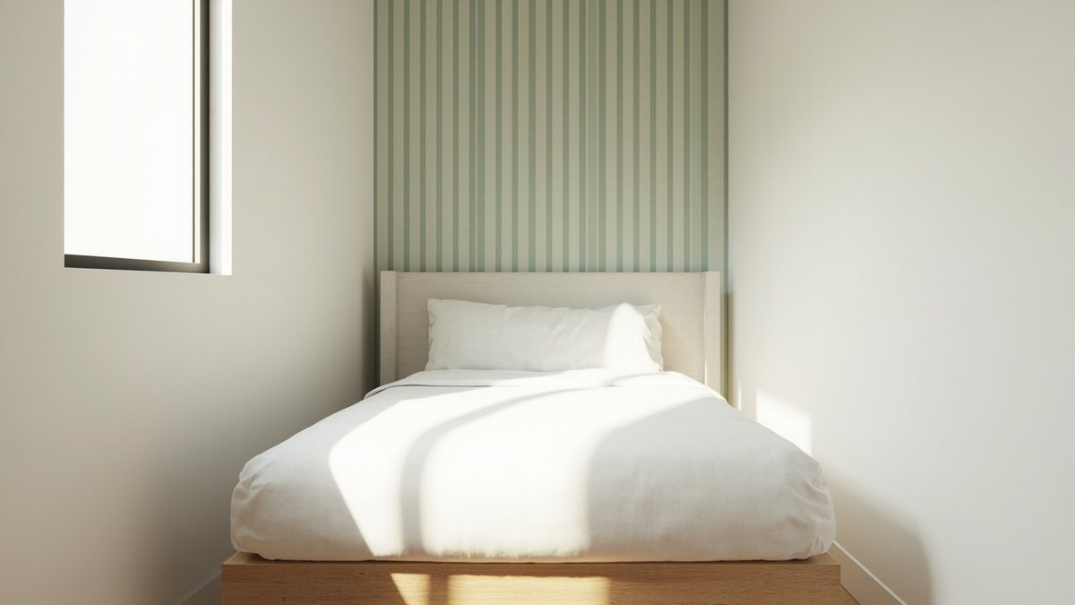 Illustrative concept design: sage and off-white vertical stripes on the bed wall of a narrow bedroom behind a cream headboard
