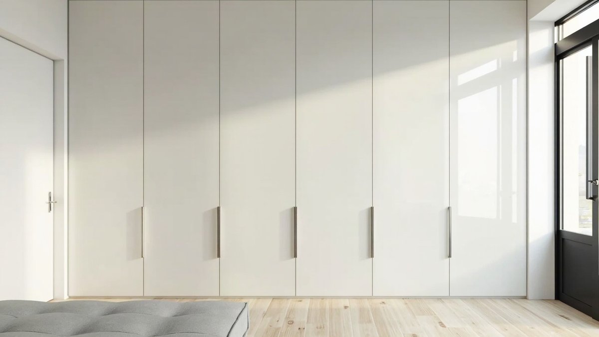 Illustrative concept design: full wall of white high-gloss wardrobe doors with long slim handles reflecting daylight