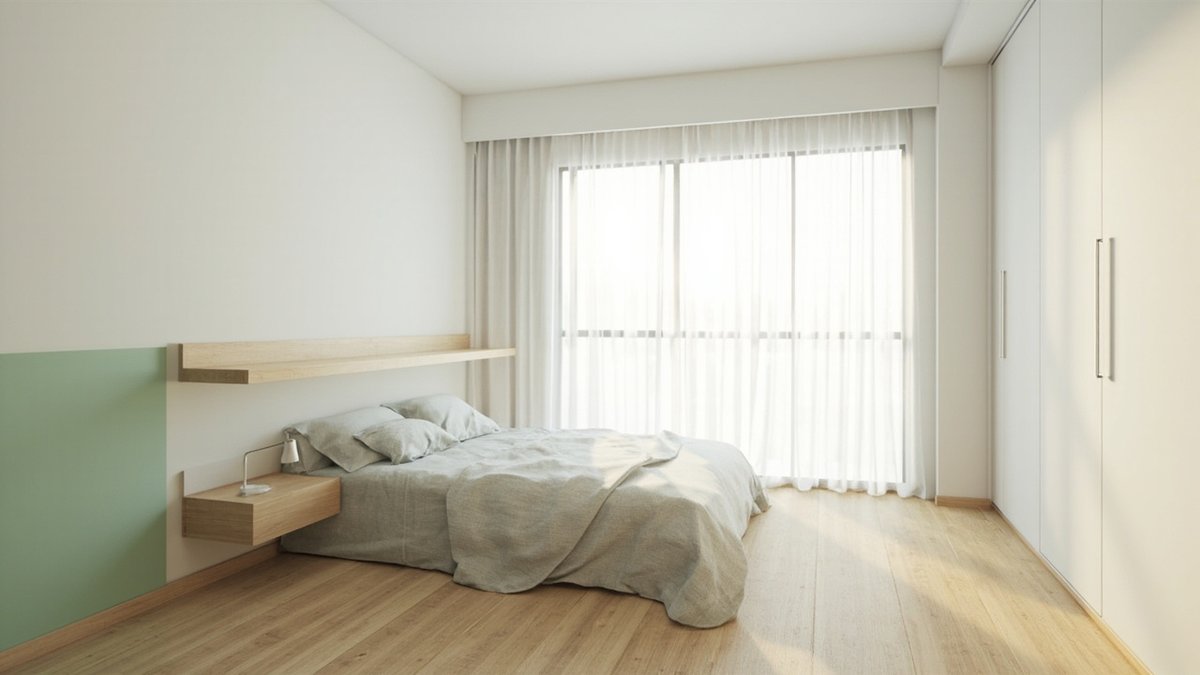 Illustrative concept design: small bedroom with a low bed under a long oak wall ledge, a floating bedside shelf, a sage green lower wall and a full-height white wardrobe