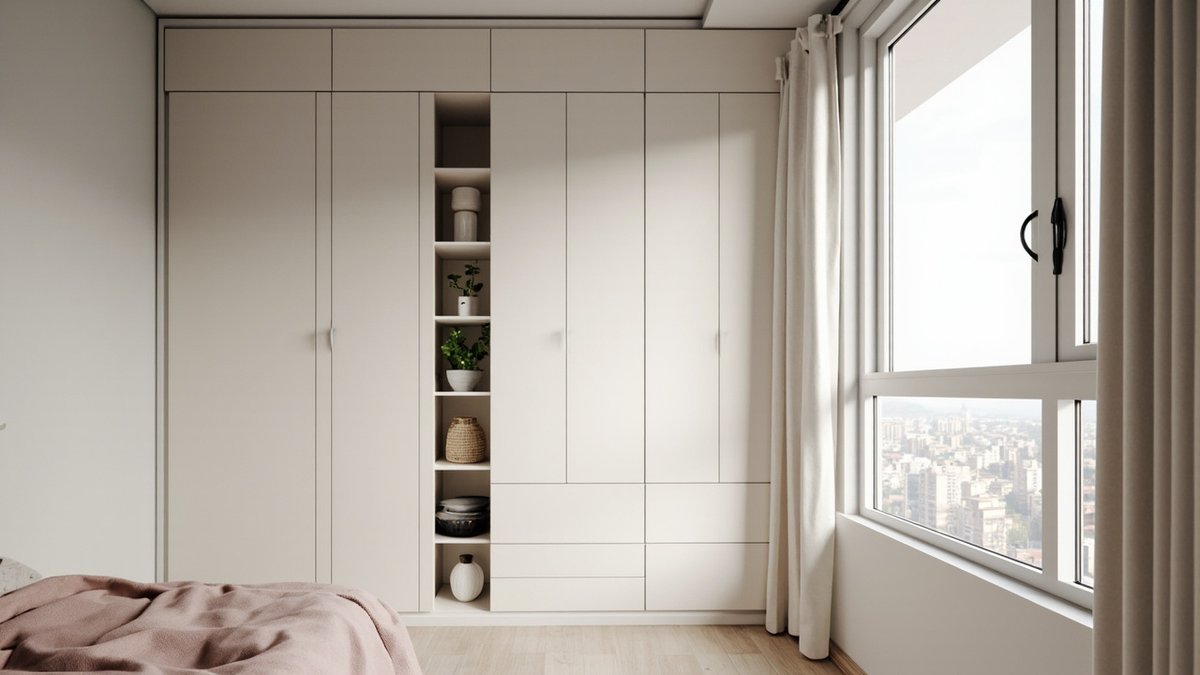 Illustrative concept design: row of high cabinets above a full-height warm white wardrobe in a small condo bedroom