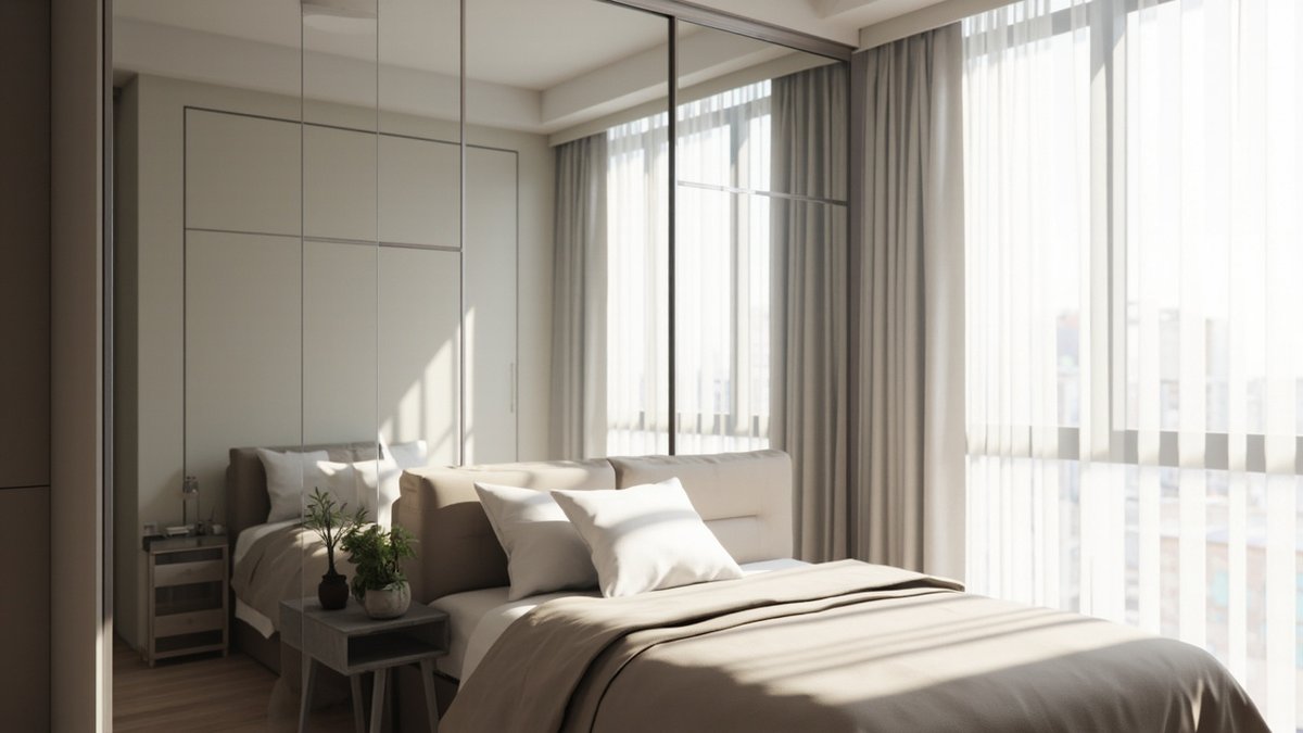 Illustrative concept design: full-height mirrored sliding wardrobe doors reflecting the bed and window light in a small condo bedroom with taupe bedding