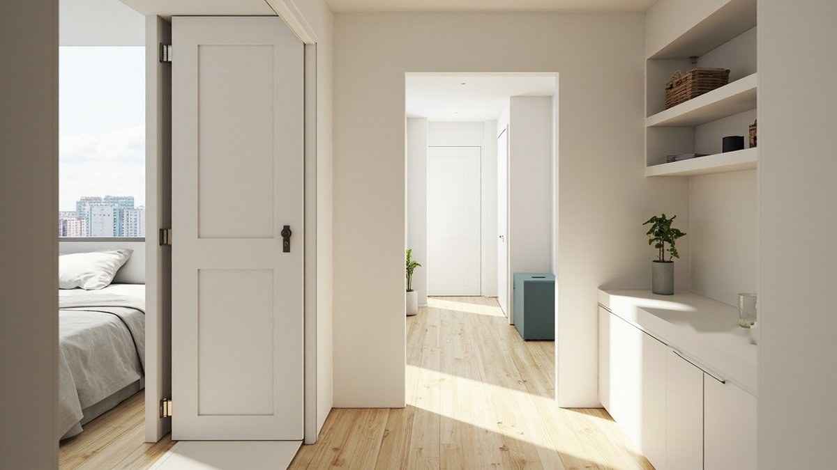 Illustrative concept design: same light oak floor running through the doorways of a small condo, with walls, doors and cabinets in one soft white
