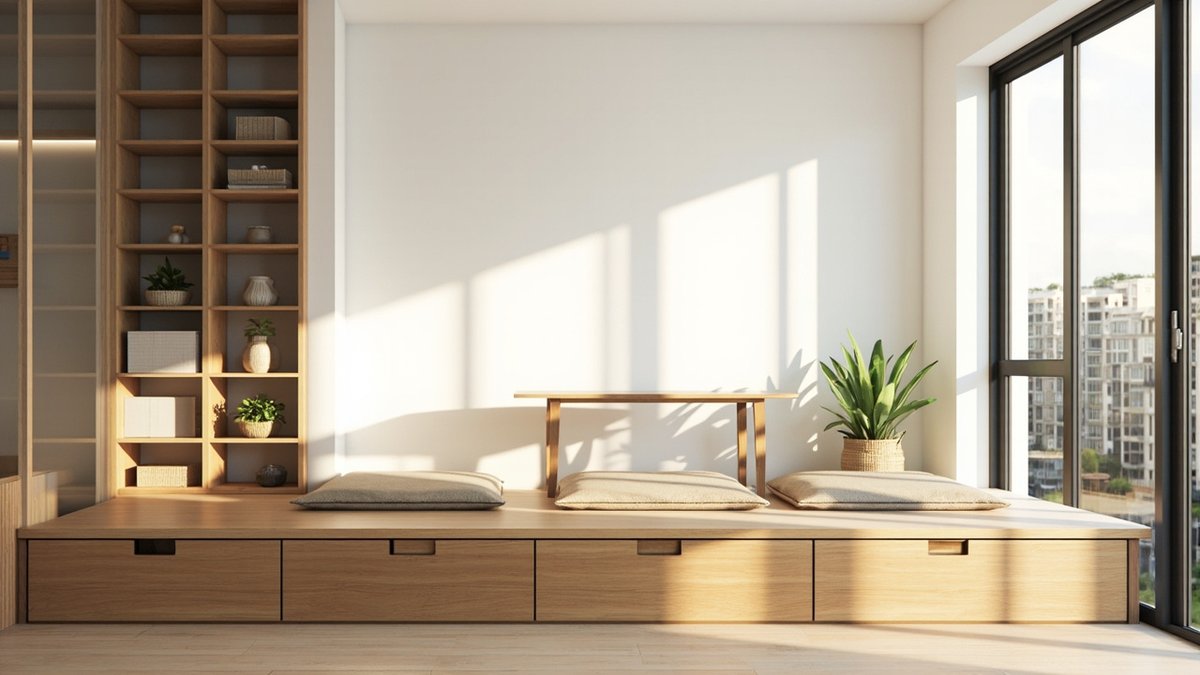 Illustrative concept design: raised timber-look platform dining nook with a low table by a small condo window