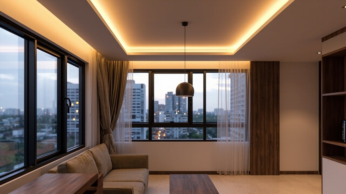 Illustrative concept design: evening view of a recessed plaster ceiling with warm cove light over the sofa of a compact condo, flat ceiling with downlights beside it