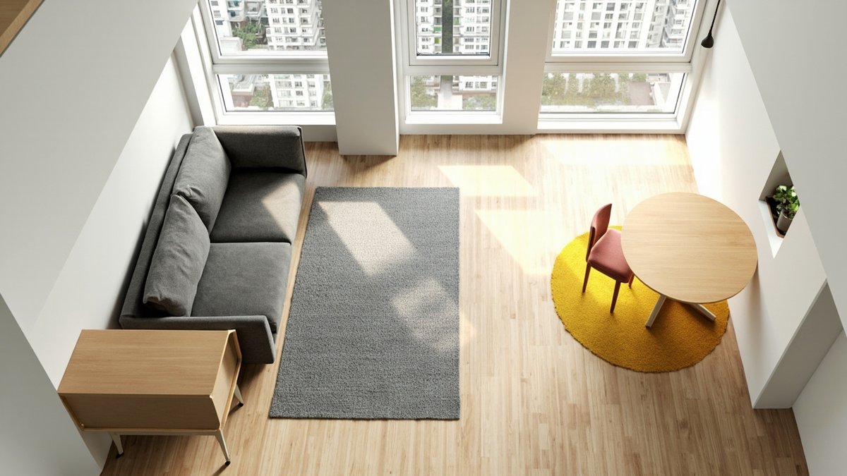 Illustrative concept design: overhead view of a small condo open plan zoned by a grey rug in front of the sofa and a round mustard rug under the dining table