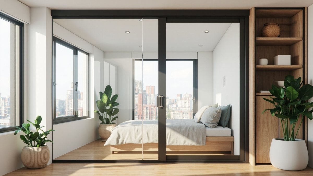 Illustrative concept design: black-framed sliding glass partition seen from the living side, with the bed and condo window behind it and oak shelves beside it