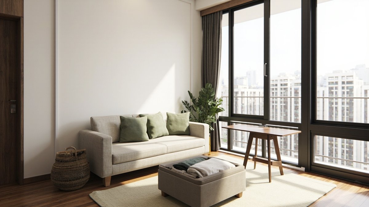 Illustrative concept design: freestanding storage ottoman with folded blankets inside, in front of a greige sofa with sage cushions in a small condo living room
