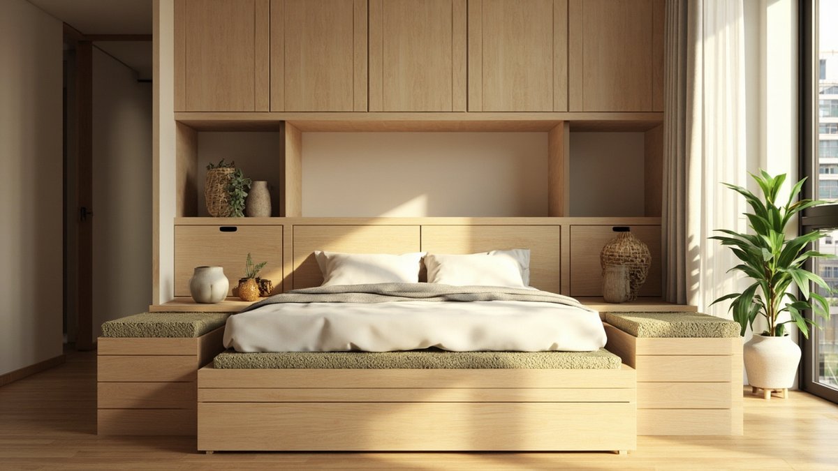 Illustrative concept design: light oak tatami platform bed with olive mat tops and drawers, flat-door cabinets bridging above it in a small condo bedroom