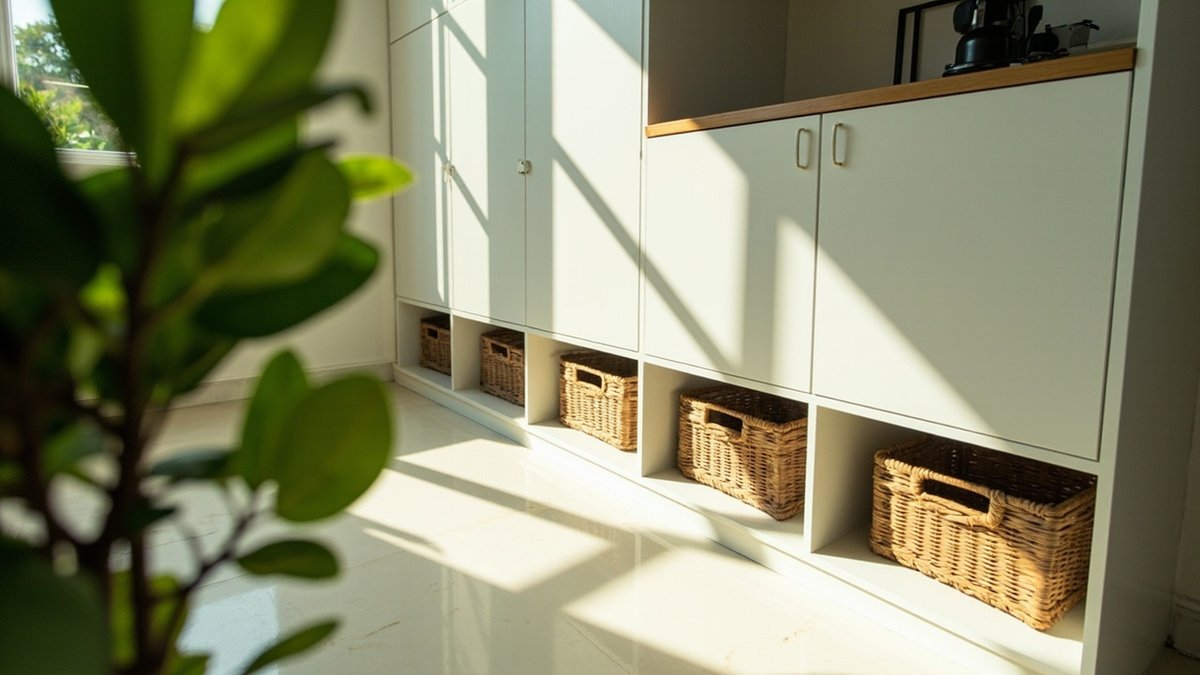 小户型里从地面到天花的嵌入式收纳墙，配收纳篮和折叠书桌