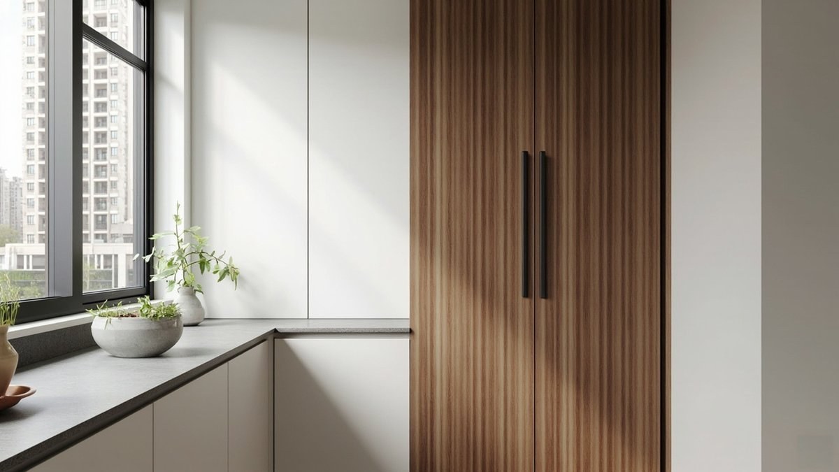 Illustrative concept design: one walnut floor-to-ceiling pantry at the end of a short white kitchen run