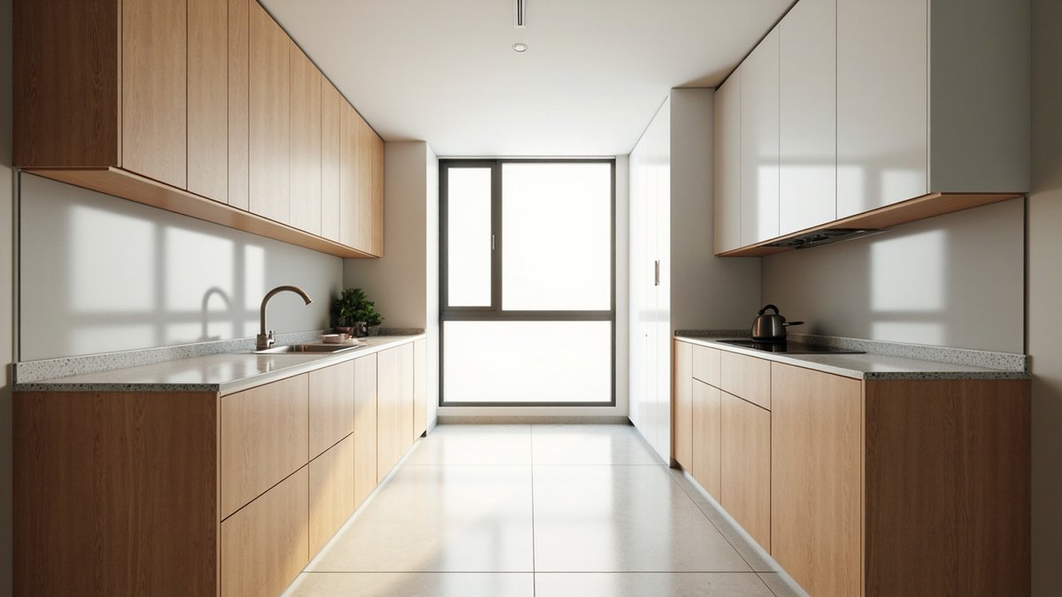 Illustrative concept design: narrow galley kitchen with facing oak runs, white wall cabinets on one side and a window at the end