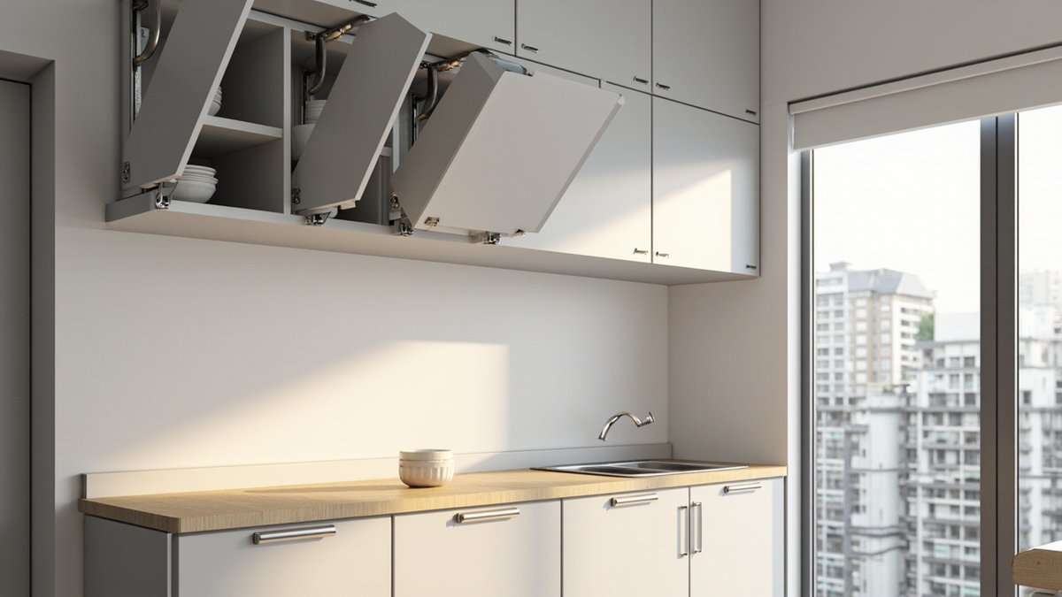 Illustrative concept design: three grey kitchen wall cabinet flaps raised on lift-up stays above an oak worktop