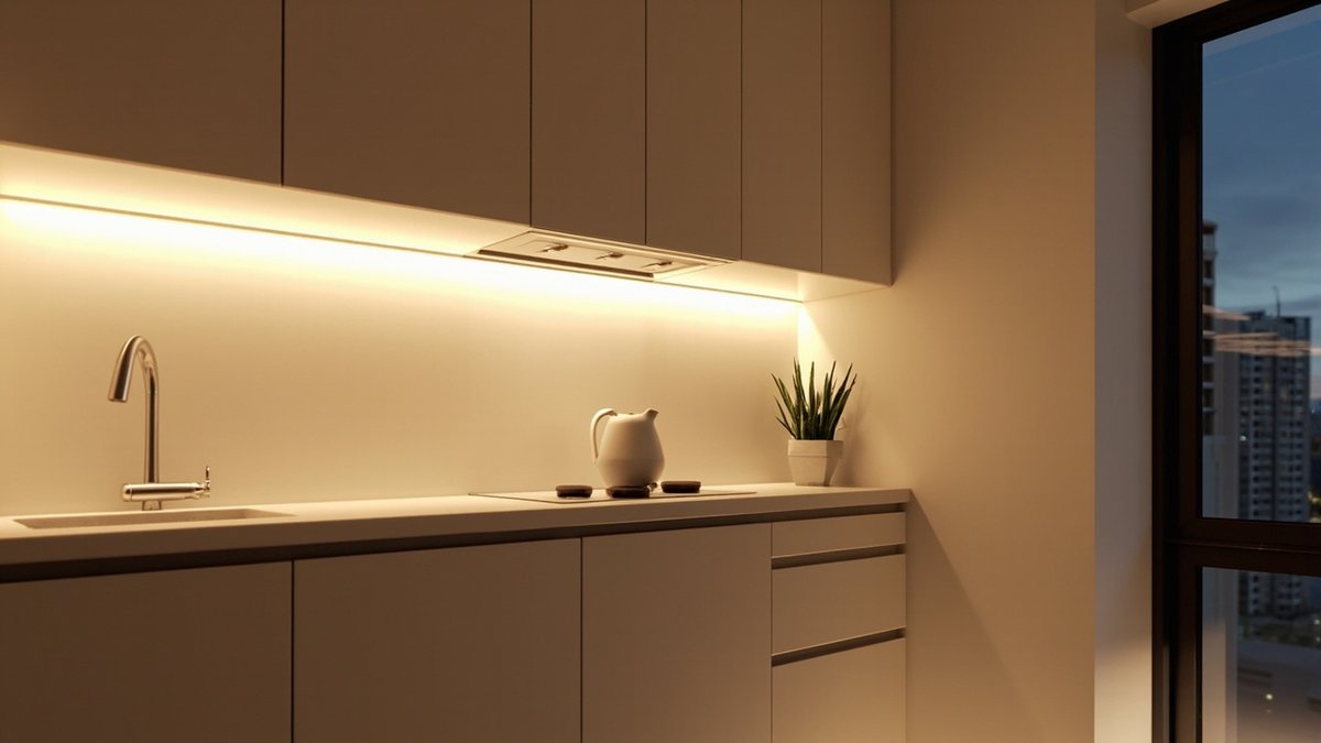 Illustrative concept design: small kitchen in one sand beige colour with handleless groove doors and warm LED