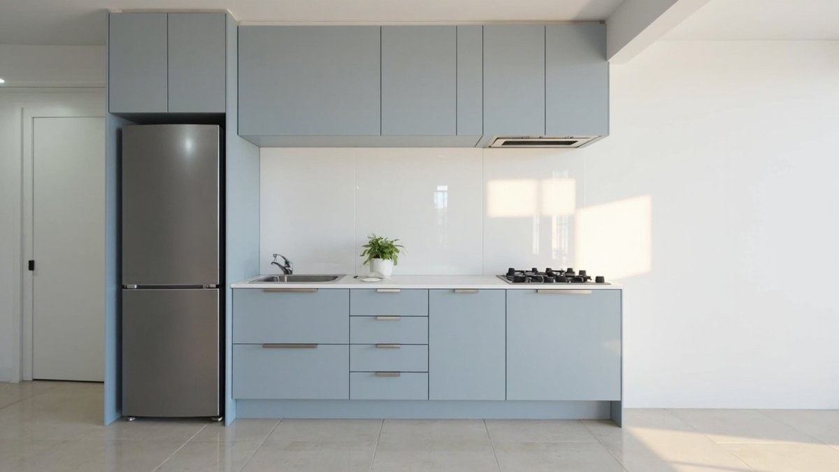 Illustrative concept design: straight one-wall powder blue kitchen run with fridge, central sink and gas hob in a condo