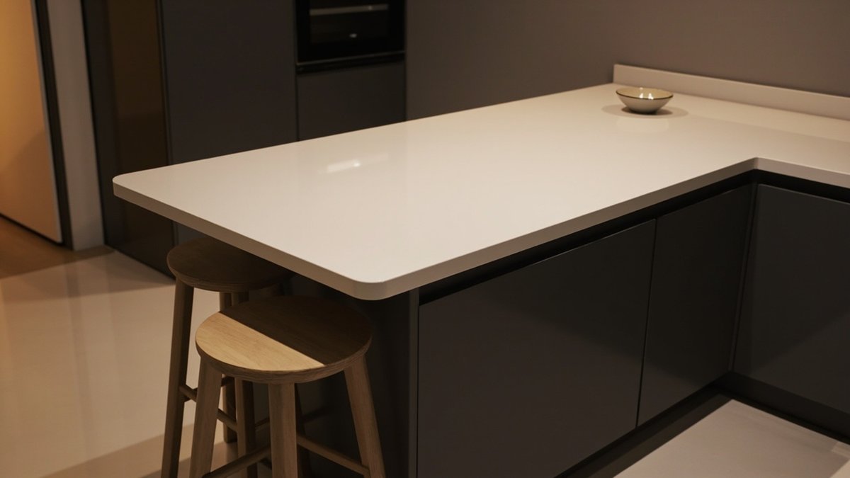 Illustrative concept design: charcoal kitchen run turning into a short white peninsula counter with two timber stools