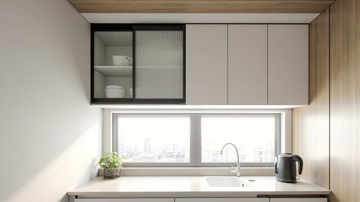 Illustrative concept design: kitchen wall cabinet with black-framed fluted glass sliding doors