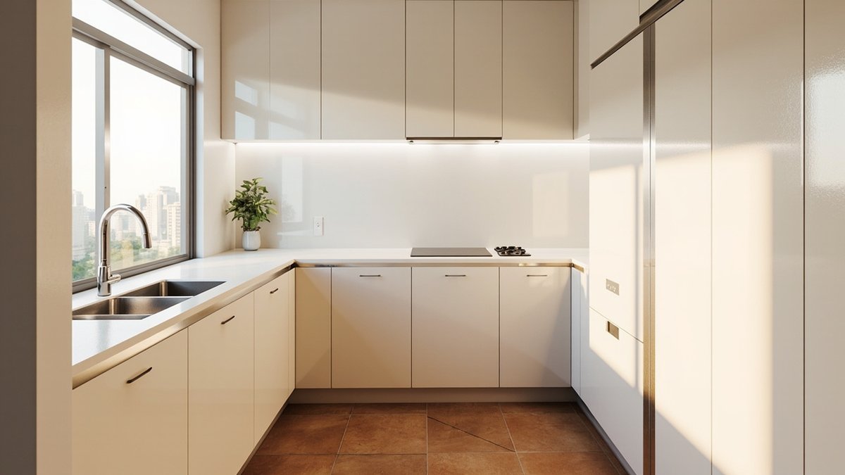 Illustrative concept design: small L-shaped kitchen with cream cabinets, sink under the window and hob kept out of the corner