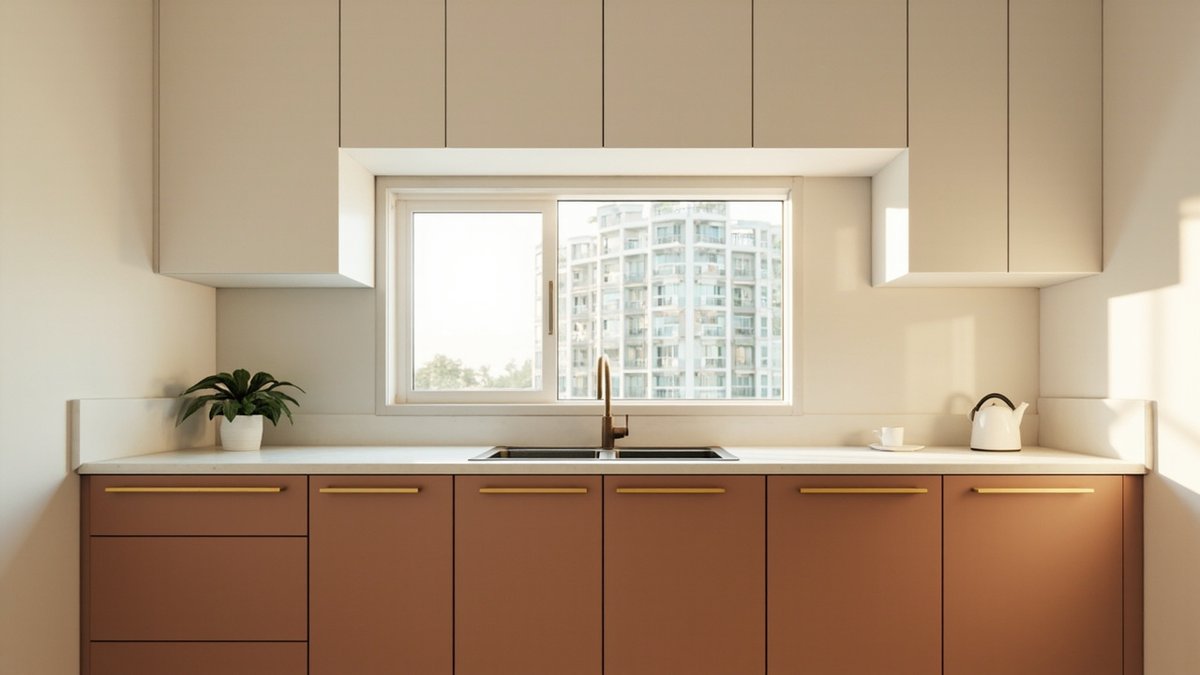 Illustrative concept design: small kitchen with terracotta base cabinets and plain white wall cabinets