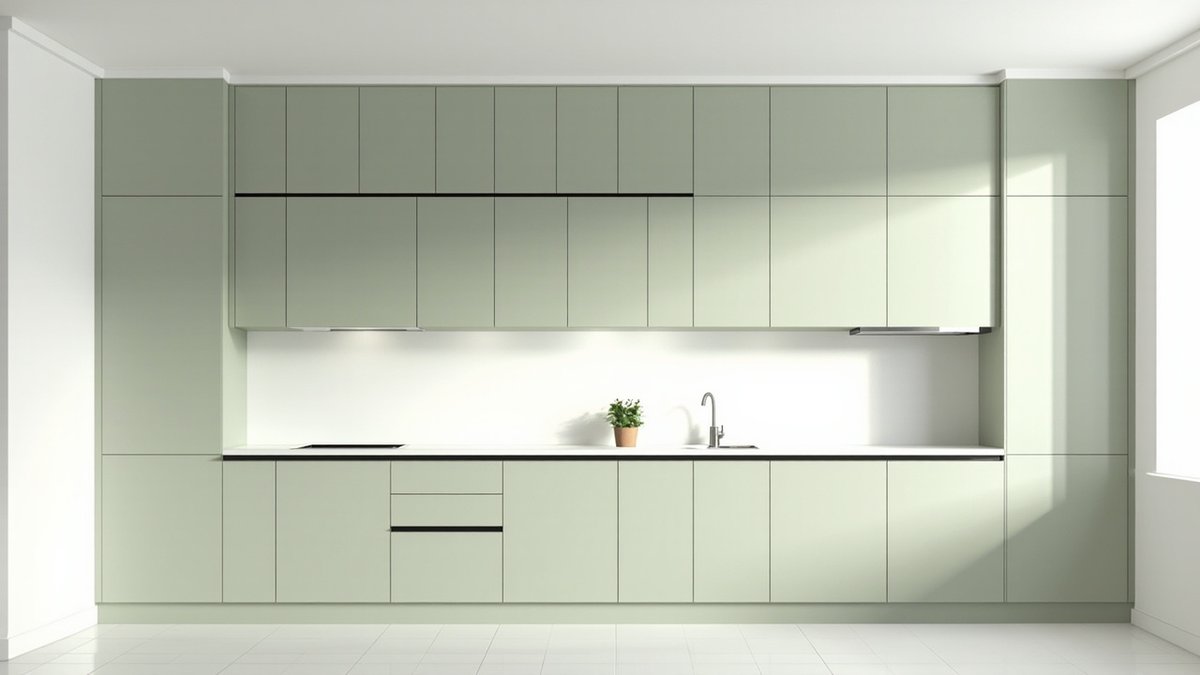 Illustrative concept design: sage green kitchen with wall cabinets in two tiers up to the ceiling and tall units at both ends