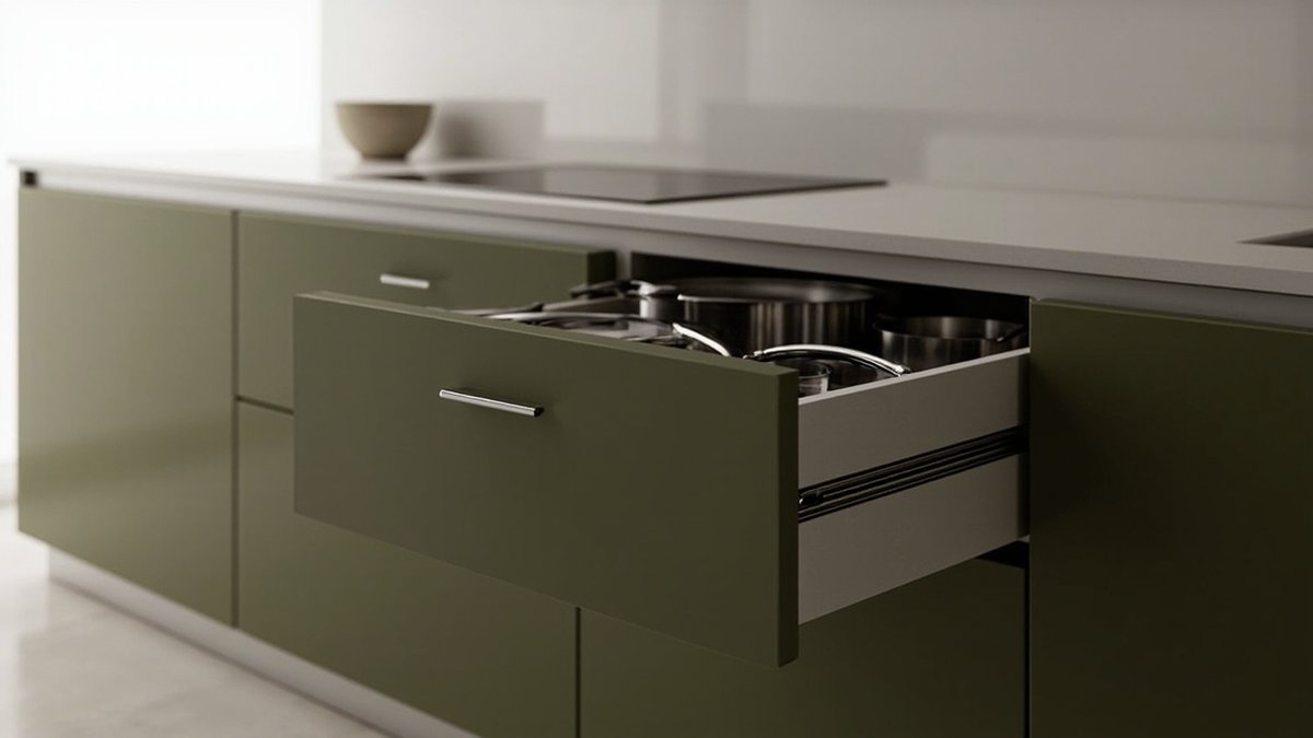 Illustrative concept design: wide olive pot drawer pulled open under an induction hob with steel pots stacked inside