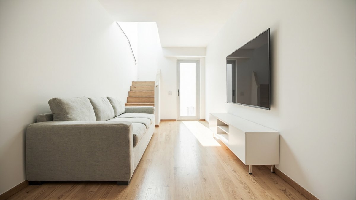 Illustrative concept design: slim grey sofa against the wall of a narrow hall with a clear walkway to the staircase