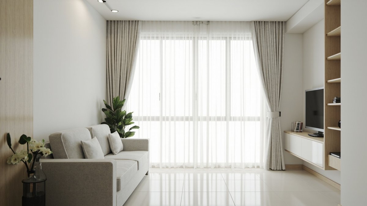Illustrative concept design: sheer white curtains and beige drapes hung from the ceiling to the floor across a wide window