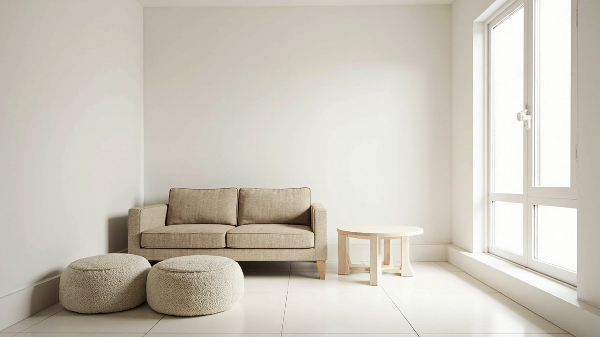 Illustrative concept design: compact oatmeal two-seat sofa with two round boucle poufs and a small timber side table