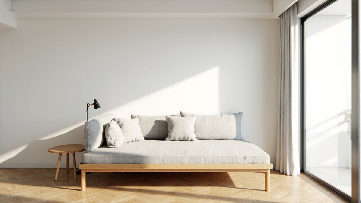 Illustrative concept design: pale grey upholstered daybed on a low oak frame with cushions, side table and floor lamp