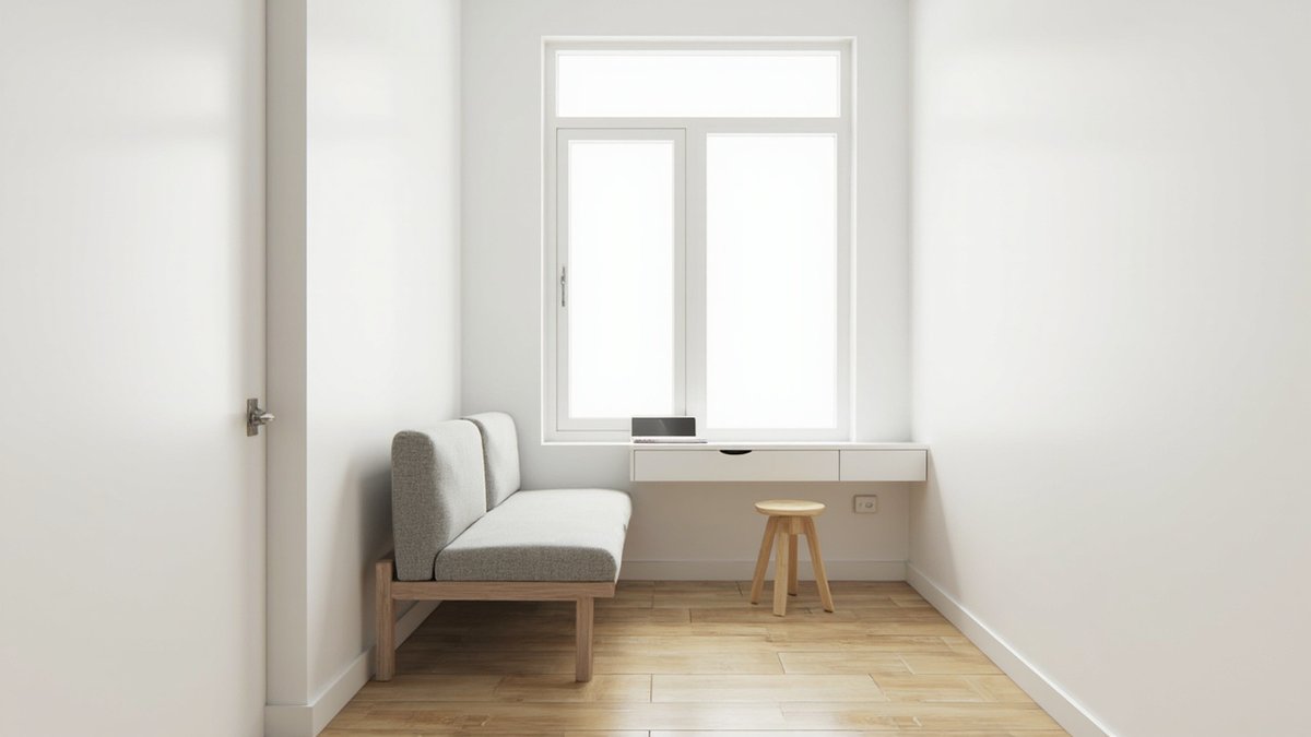 Illustrative concept design: slim white floating desk under the window beside a compact grey sofa