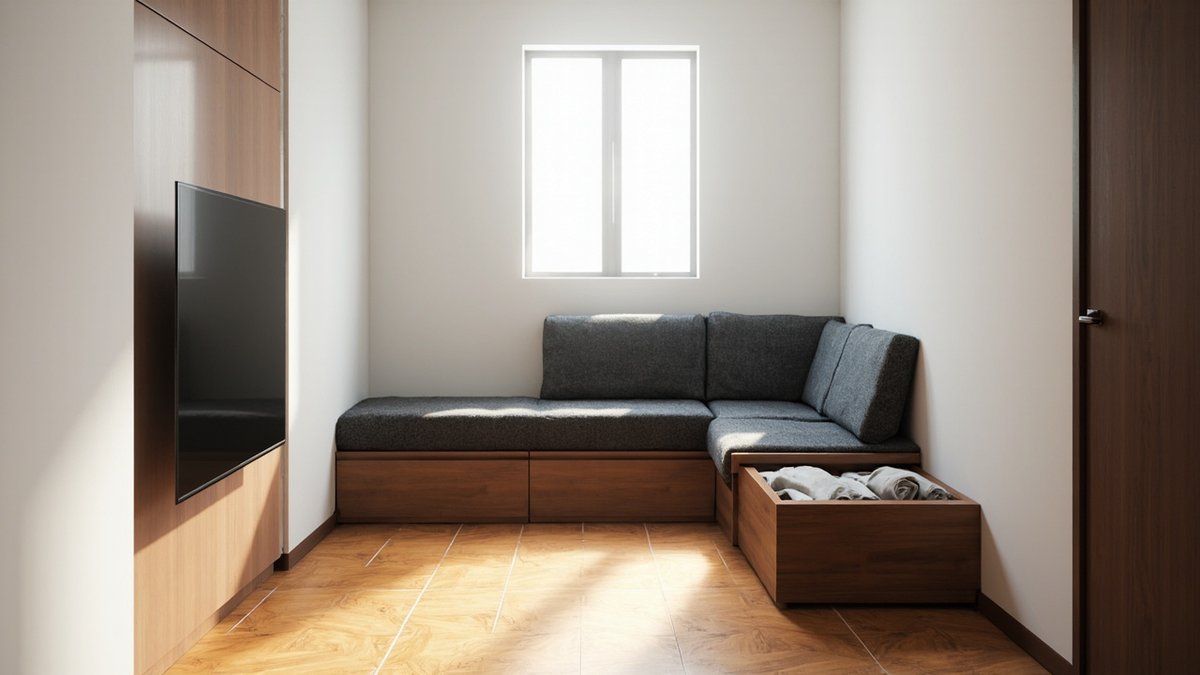 Illustrative concept design: built-in L-shaped bench sofa with charcoal cushions on timber drawers, one drawer pulled out