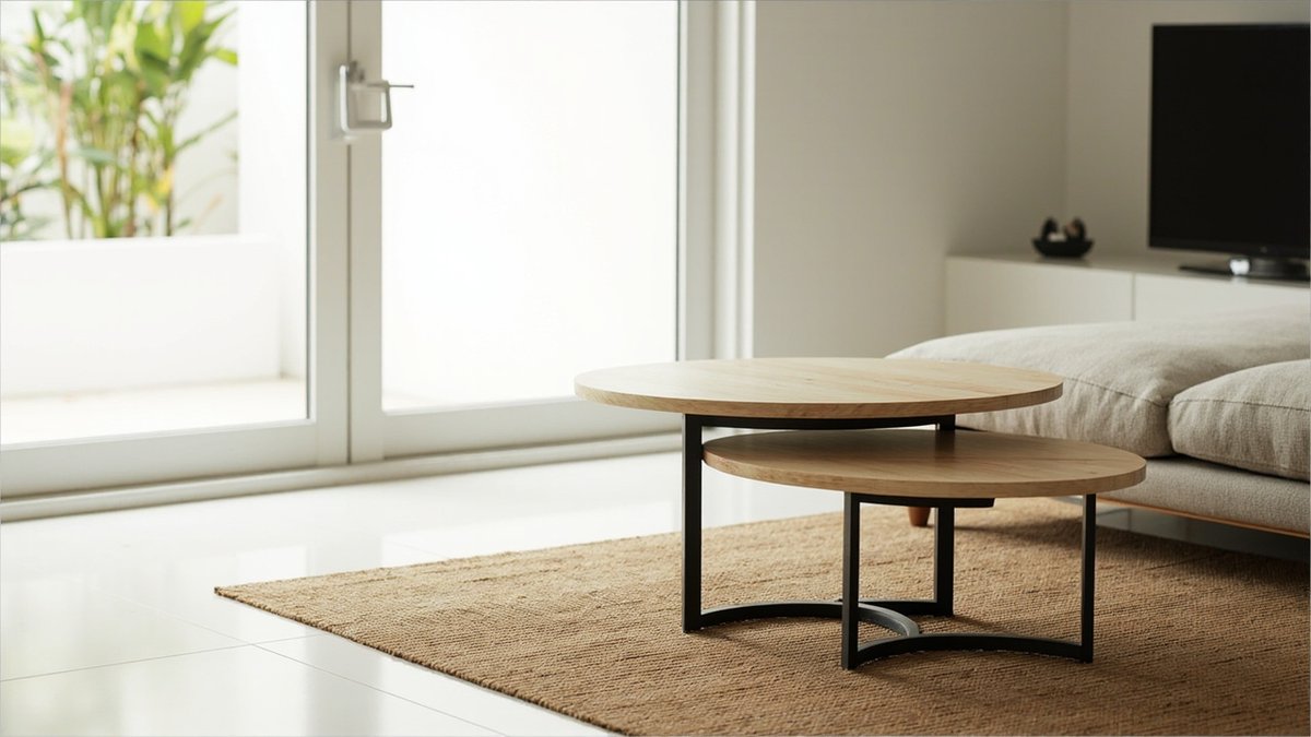 Illustrative concept design: two nested round oak-top tables on black metal bases on a jute rug in front of a beige sofa