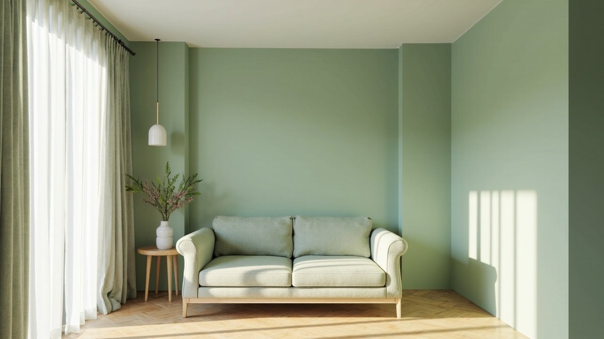 Illustrative concept design: room with walls, sofa and curtain in one soft sage green