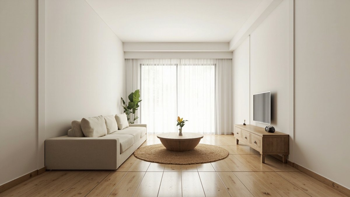 Illustrative concept design: long narrow hall with a round jute rug and round low oak table between a cream sofa and a TV console