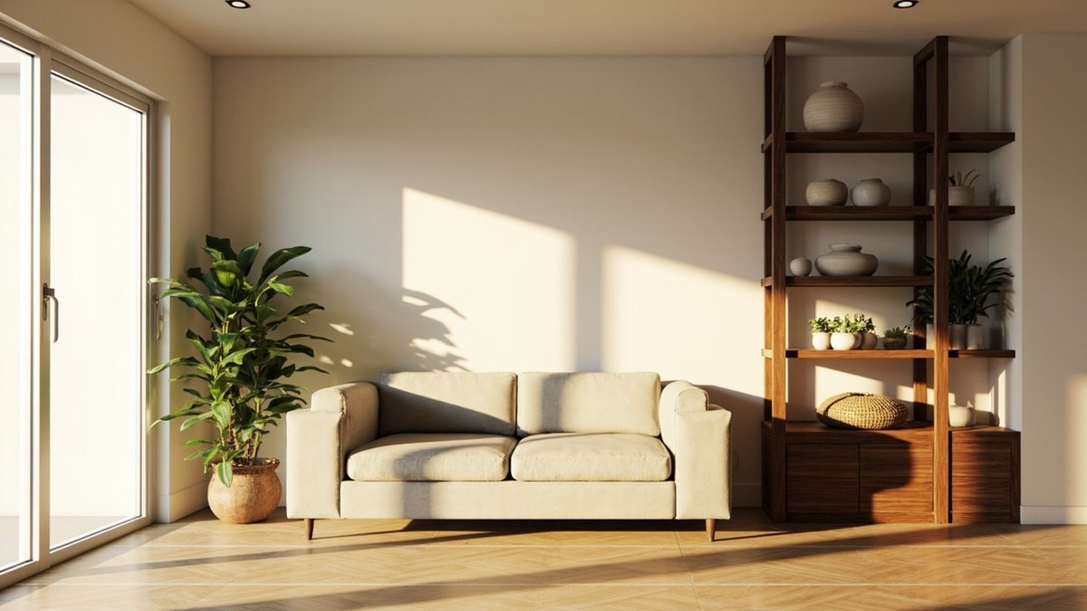 Illustrative concept design: tall walnut open shelving unit rising to the ceiling beside a cream sofa