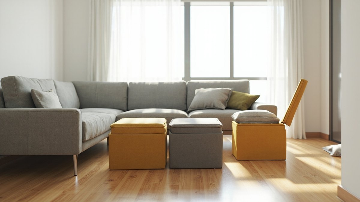Illustrative concept design: three square storage ottomans in mustard and grey in front of a grey L-sofa, one lid lifted