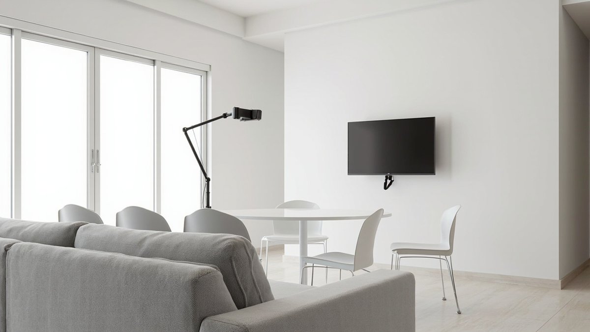 Illustrative concept design: TV on a compact wall bracket between a grey sofa and a round white dining table