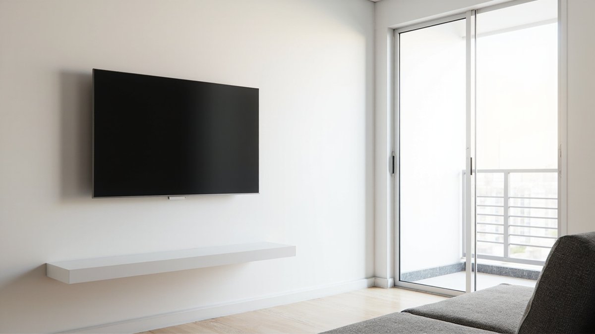 Illustrative concept design: TV hung on a white wall with a slim floating shelf below and a bare floor underneath