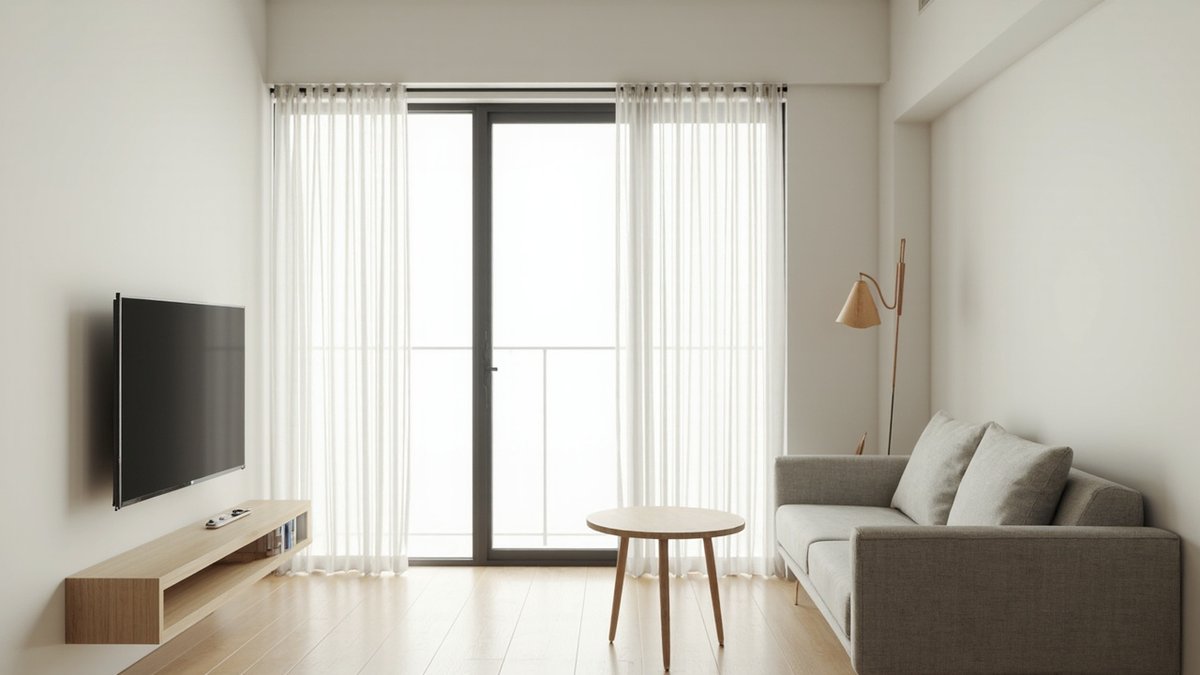 Illustrative concept design: compact condo living room with a grey sofa, a wall-hung TV over a floating oak shelf and sheer curtains hung at the ceiling