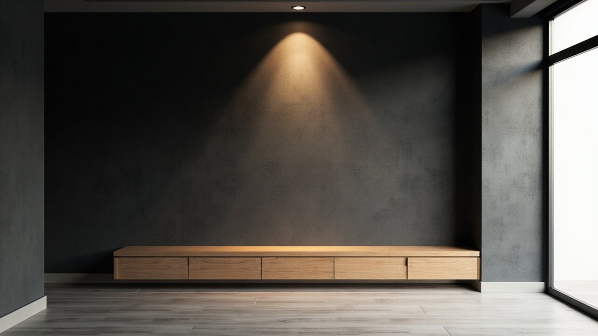 Illustrative concept design: charcoal limewash entry wall lit by one downlight above a floating oak bench