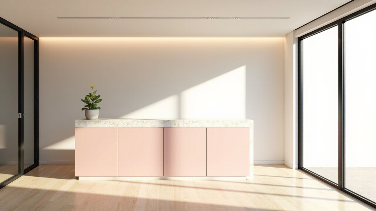 Illustrative concept design: blush pink reception counter with closed doors and a terrazzo top against a plain wall