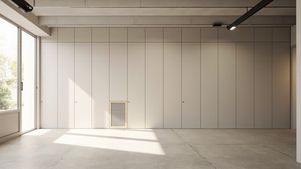 Illustrative concept design: whole wall of floor-to-ceiling greige cabinets with one perforated ventilated panel